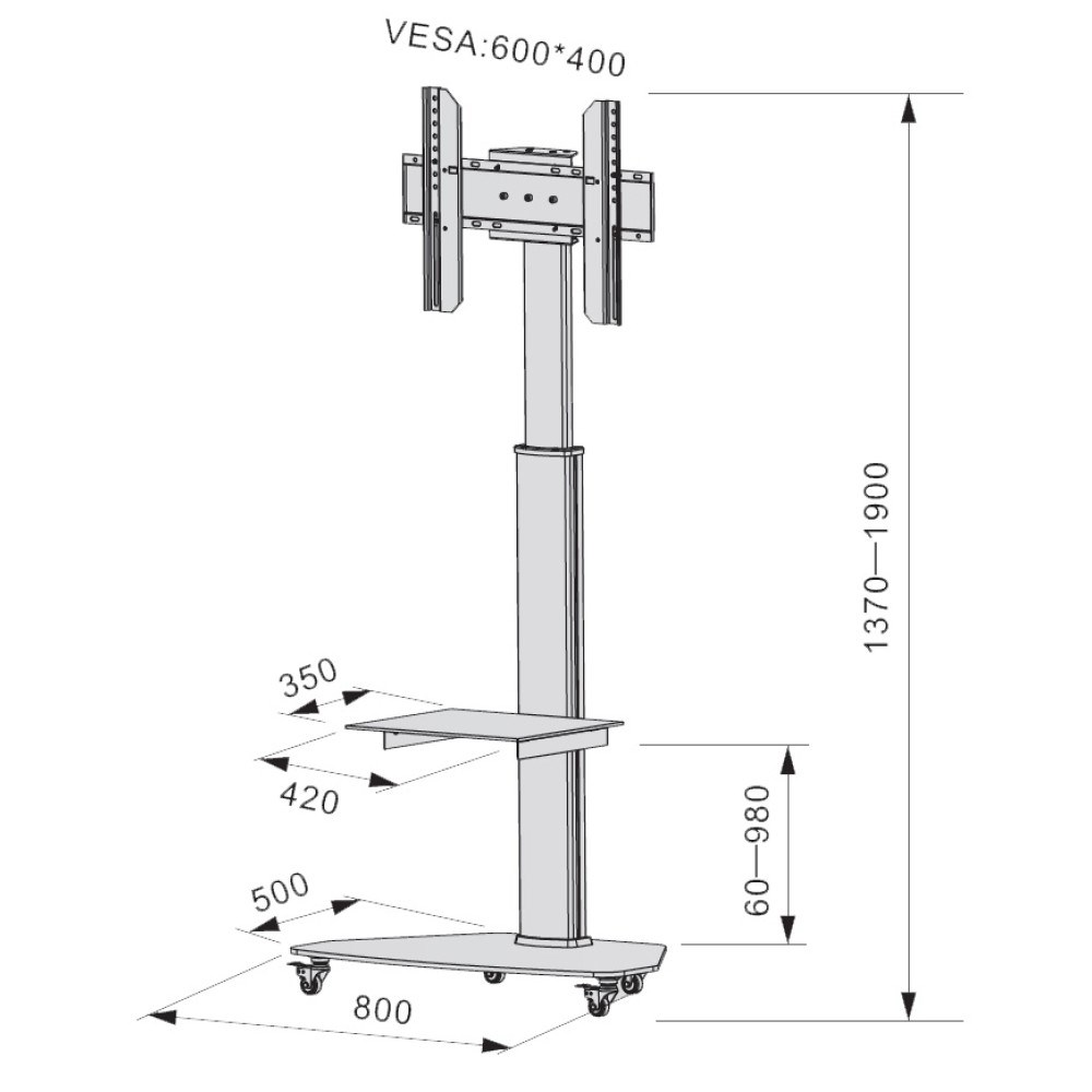 Tehnični postolje s policama s kolicama TV LCD/LED/Plazma 37-70 "Silver-1