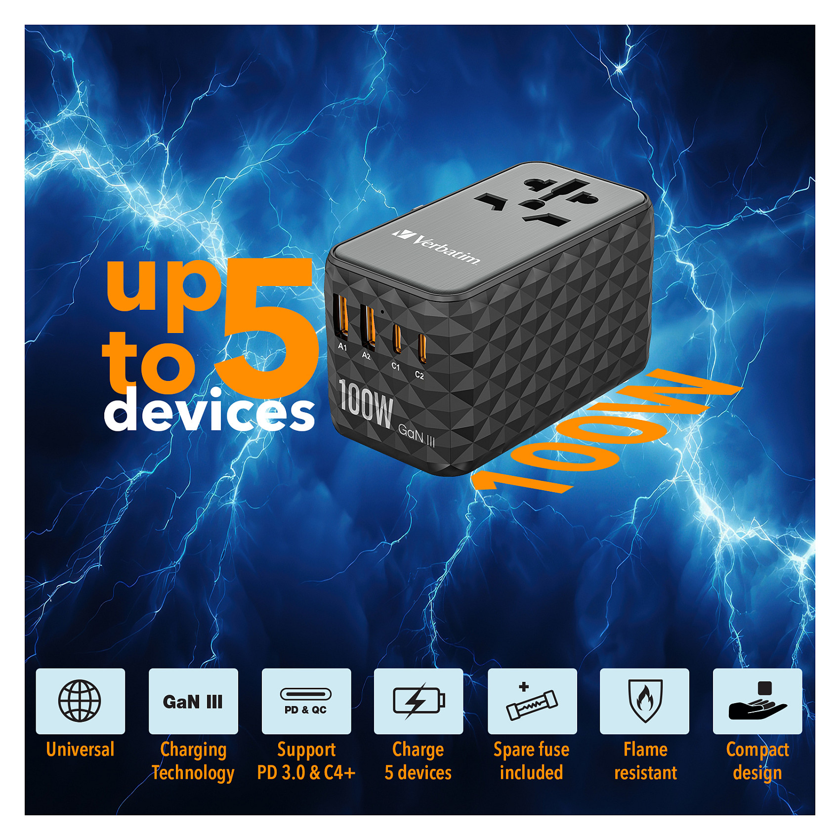 Univerzalni putni adapter VERBATIM UTA-06 100W GaN III s 2 x USB-C PD & QC 4+ & 2 x USB-A QC 3.0 priključcima-1