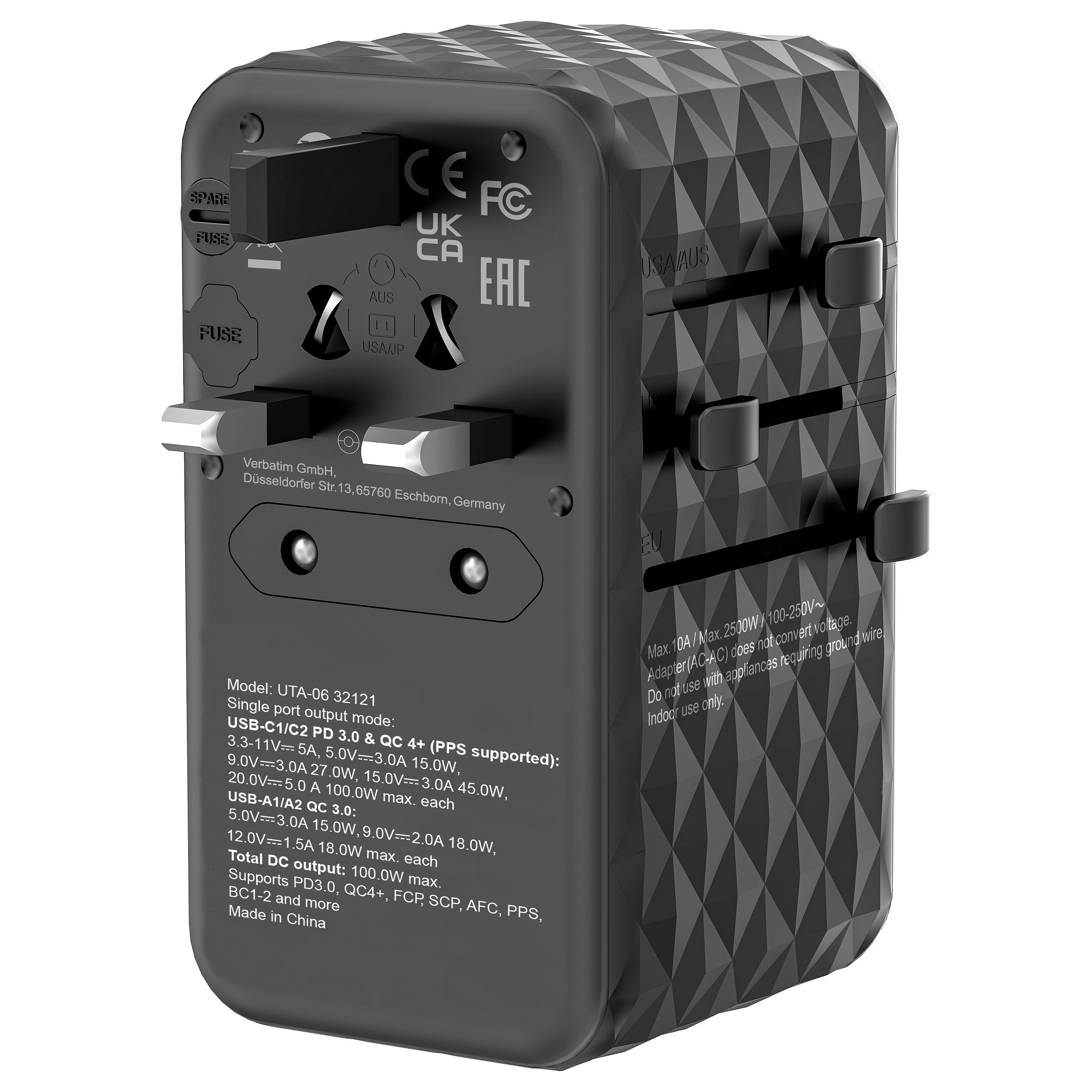 Univerzalni putni adapter VERBATIM UTA-06 100W GaN III s 2 x USB-C PD & QC 4+ & 2 x USB-A QC 3.0 priključcima-3