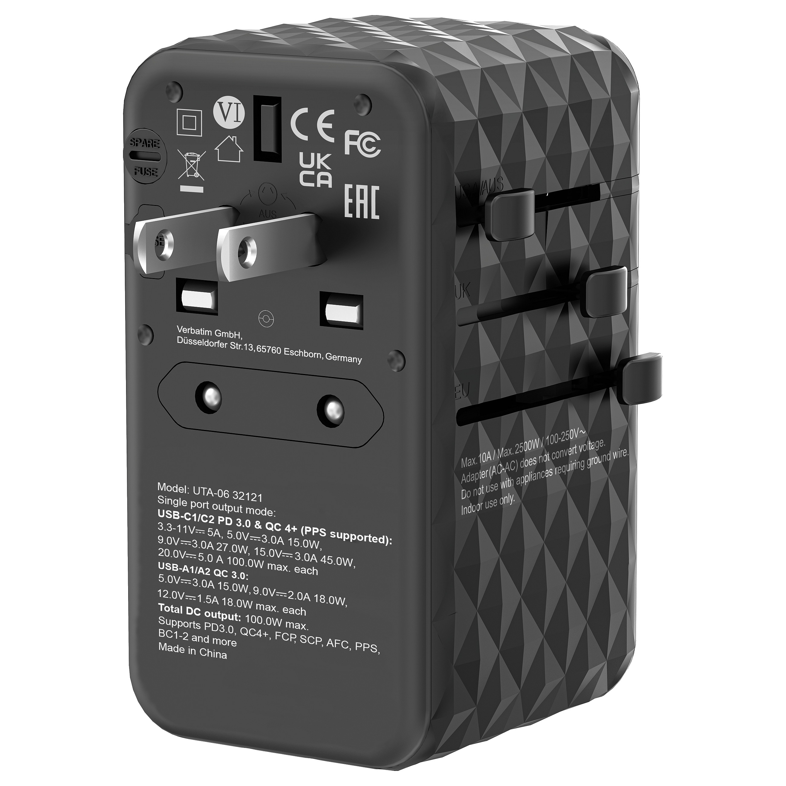 Univerzalni putni adapter VERBATIM UTA-06 100W GaN III s 2 x USB-C PD & QC 4+ & 2 x USB-A QC 3.0 priključcima-4