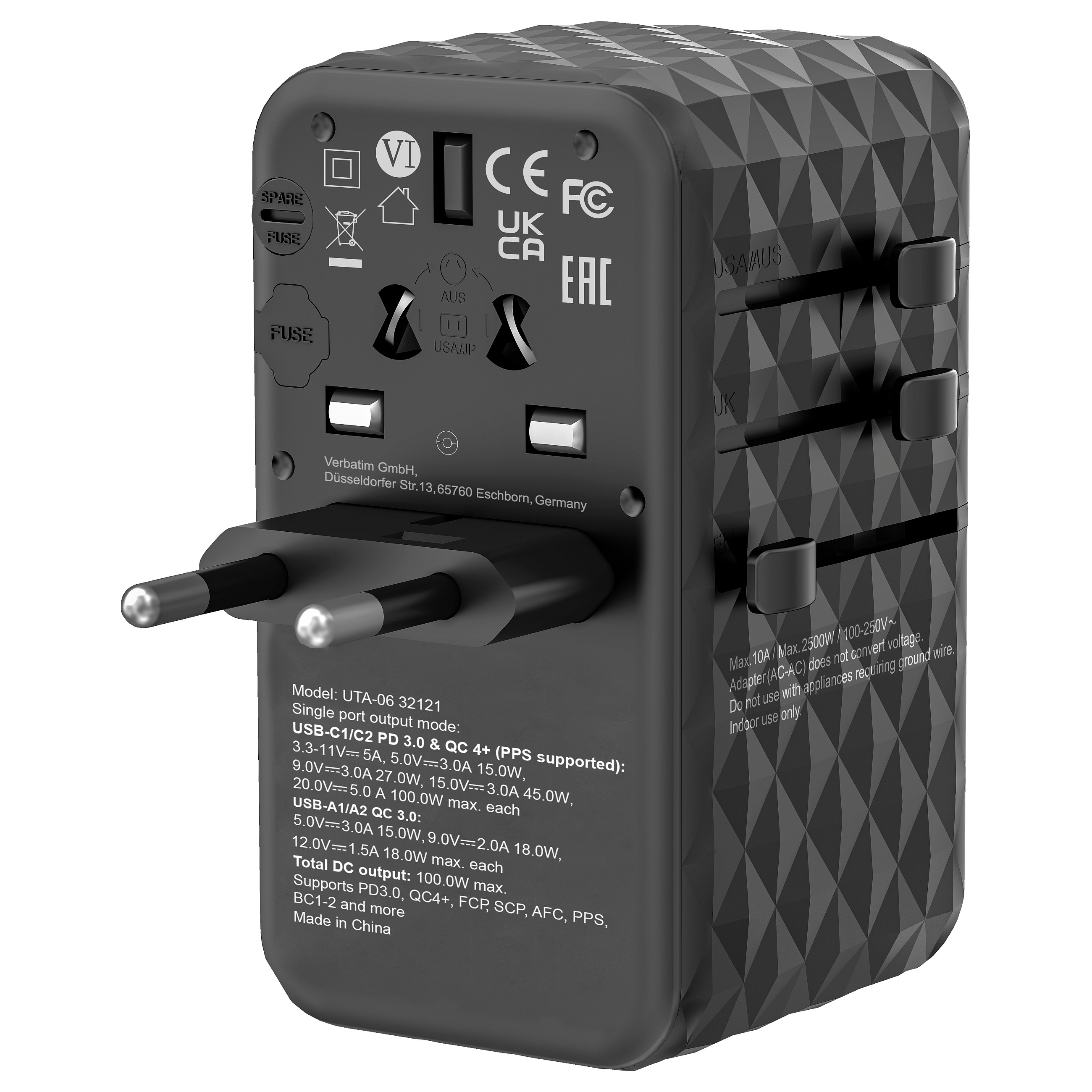 Univerzalni putni adapter VERBATIM UTA-06 100W GaN III s 2 x USB-C PD & QC 4+ & 2 x USB-A QC 3.0 priključcima-5
