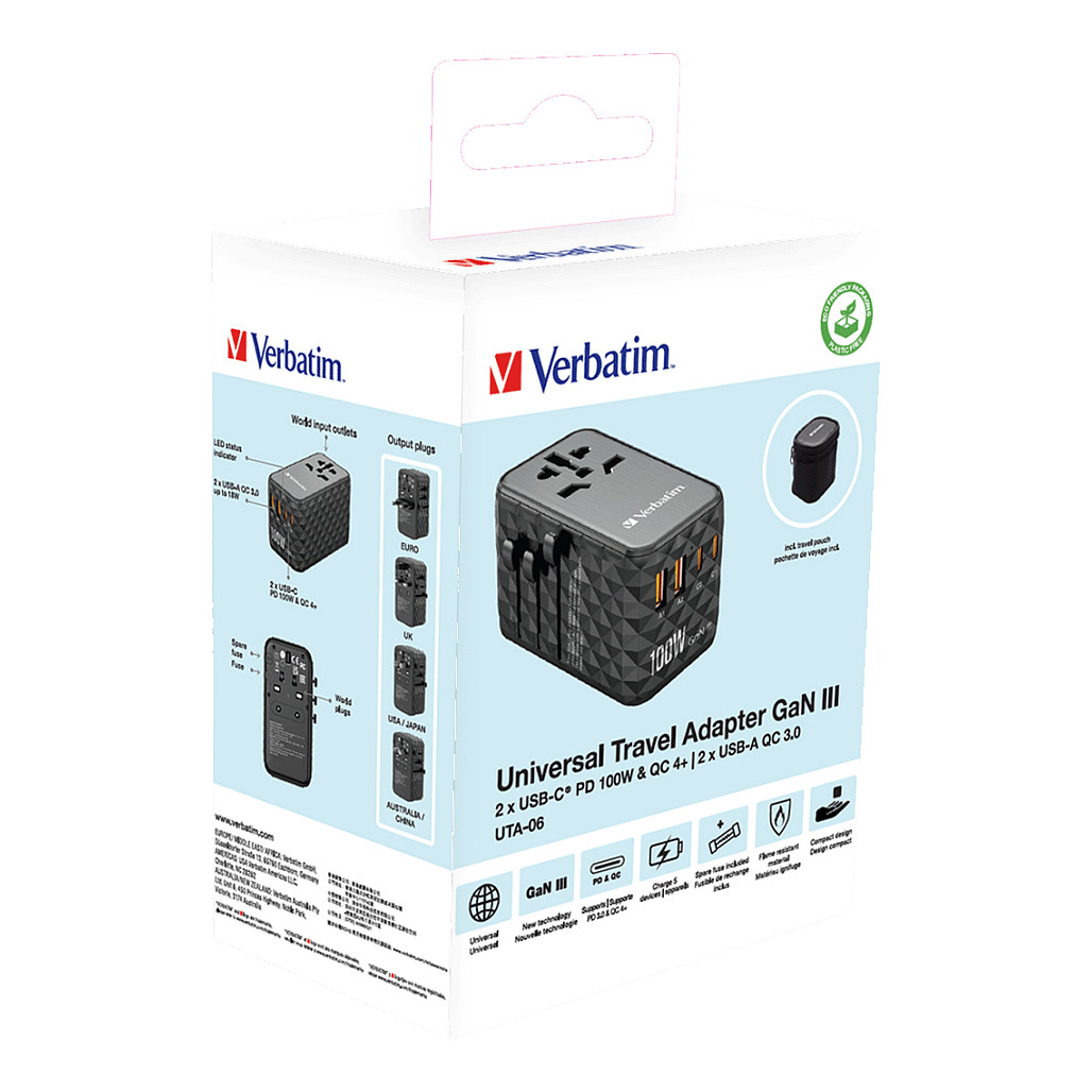 Univerzalni putni adapter VERBATIM UTA-06 100W GaN III s 2 x USB-C PD & QC 4+ & 2 x USB-A QC 3.0 priključcima-9