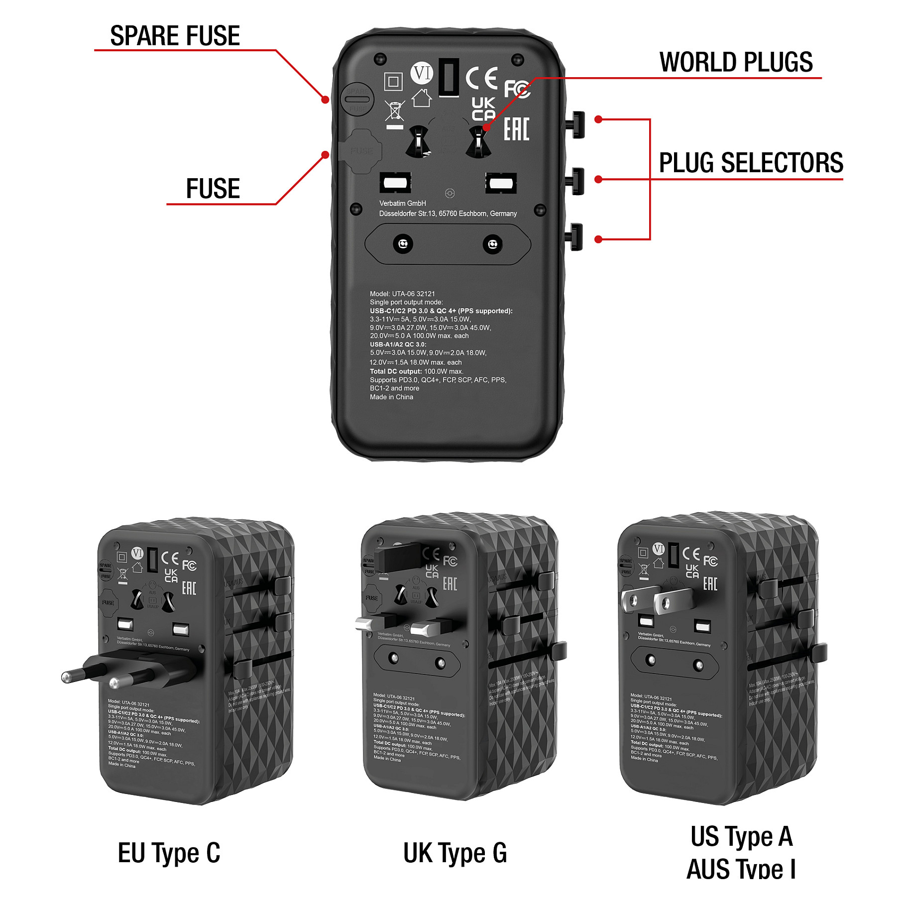 Univerzalni putni adapter VERBATIM UTA-06 100W GaN III s 2 x USB-C PD & QC 4+ & 2 x USB-A QC 3.0 priključcima-10