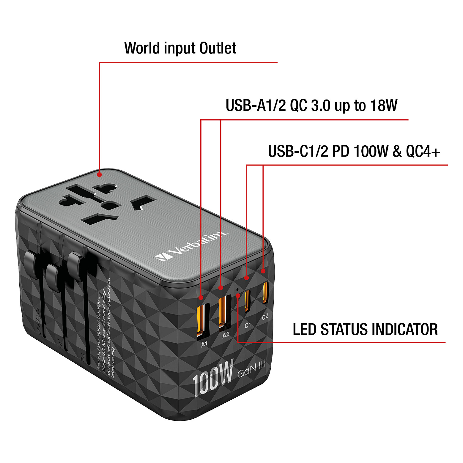 Univerzalni putni adapter VERBATIM UTA-06 100W GaN III s 2 x USB-C PD & QC 4+ & 2 x USB-A QC 3.0 priključcima-11