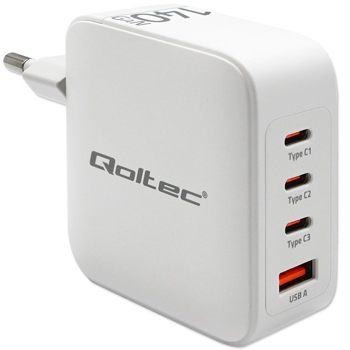 Zidni punjač QOLTEC 140W GaN (3x USB-C PD, 1x USB-A QC 3.0) bijeli-0