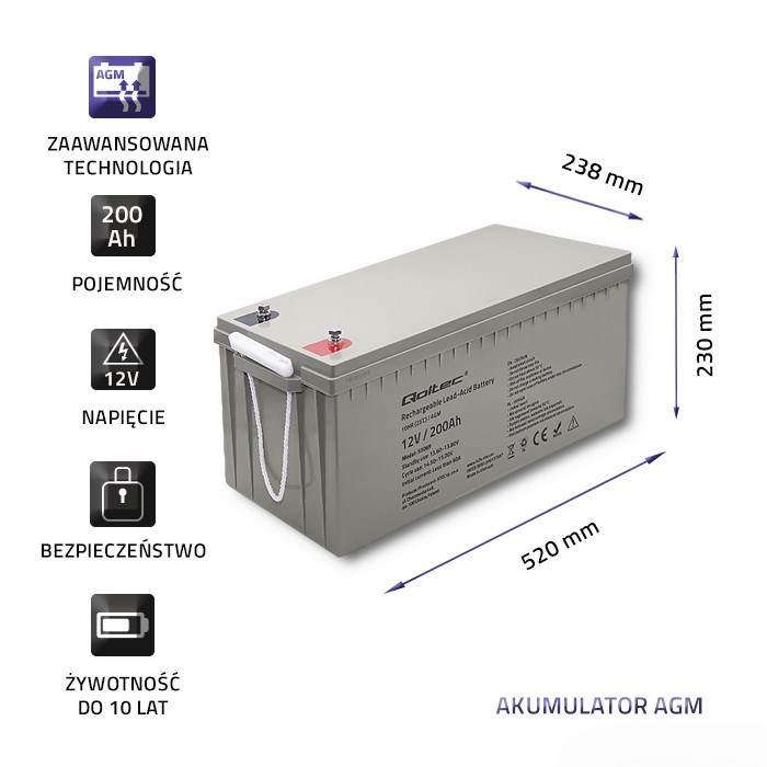 Qoltec 53069 AGM battery | 12V | 200Ah | max. 3000A-3