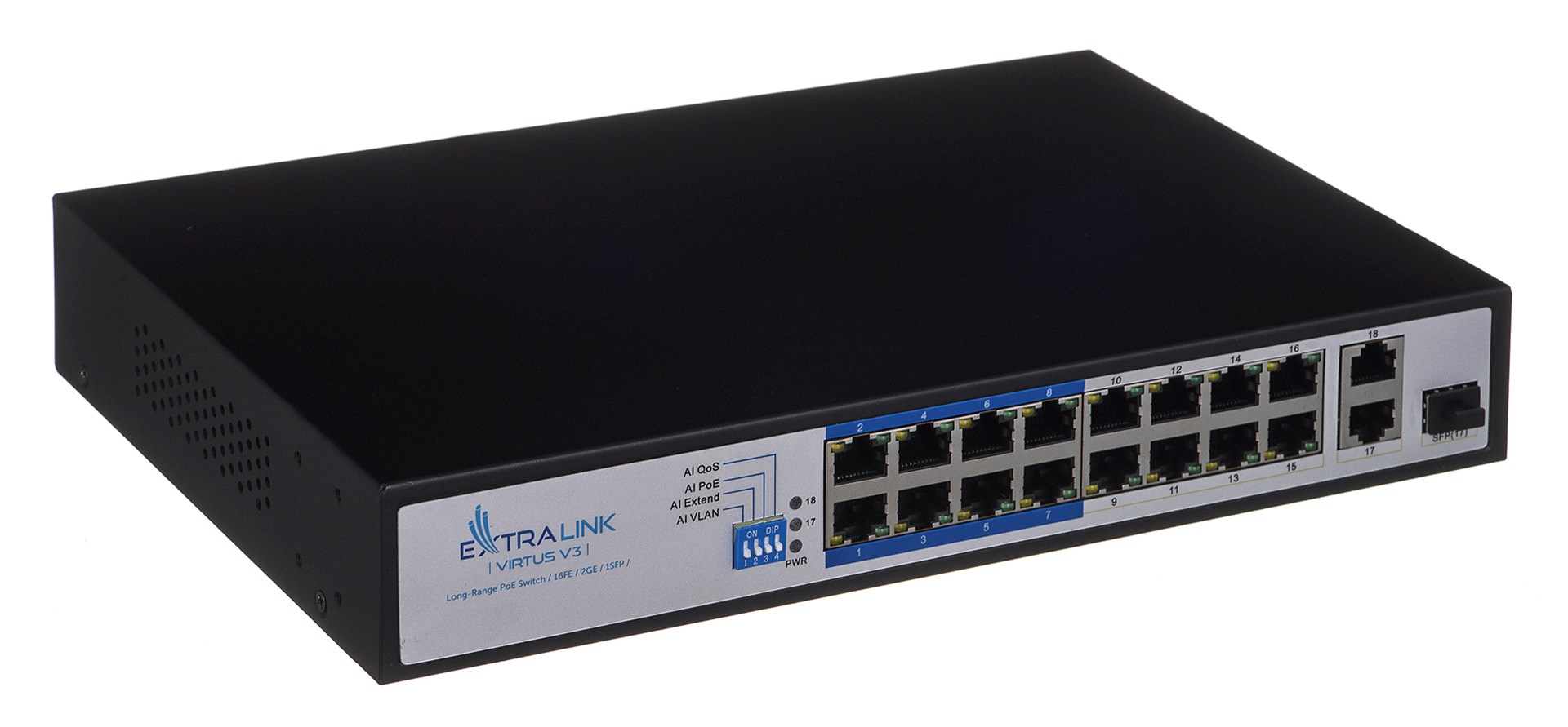 Mrežni switch EXTRALINK Virtus V3 (16x PoE 10/100, 2x Gigabit Uplink, 1x SFP, 150W, 1U)-11