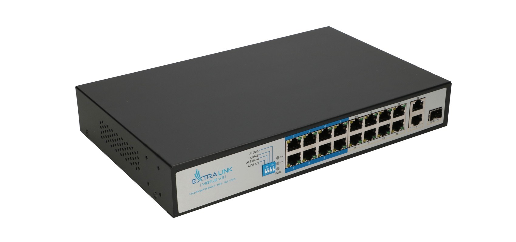 Mrežni switch EXTRALINK Virtus V3 (16x PoE 10/100, 2x Gigabit Uplink, 1x SFP, 150W, 1U)-4