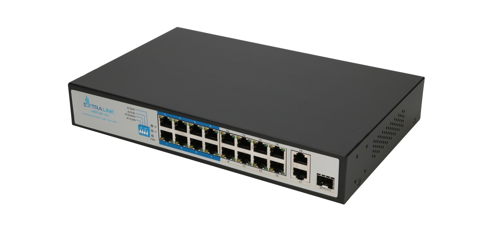 Mrežni switch EXTRALINK Virtus V3 (16x PoE 10/100, 2x Gigabit Uplink, 1x SFP, 150W, 1U)-3