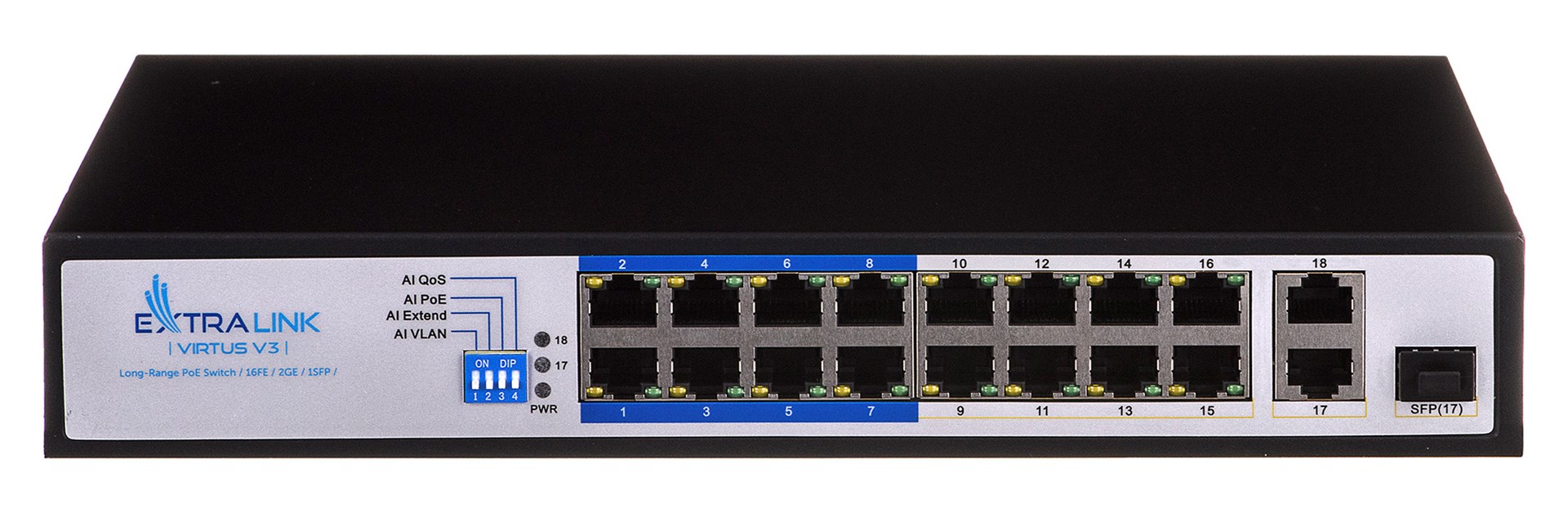 Mrežni switch EXTRALINK Virtus V3 (16x PoE 10/100, 2x Gigabit Uplink, 1x SFP, 150W, 1U)-9