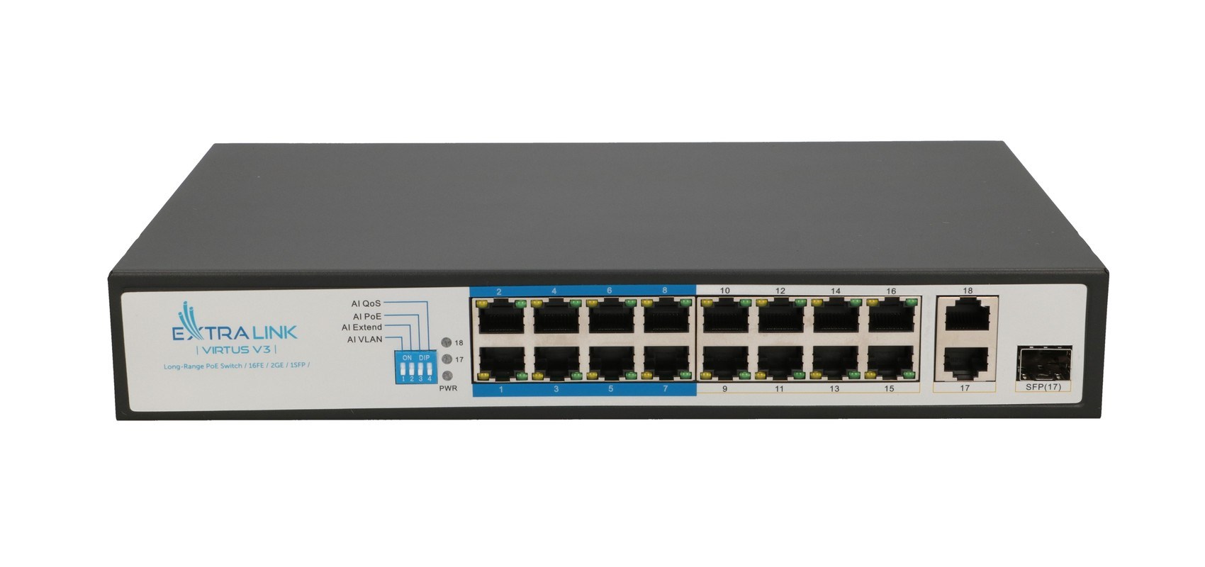 Mrežni switch EXTRALINK Virtus V3 (16x PoE 10/100, 2x Gigabit Uplink, 1x SFP, 150W, 1U)-0