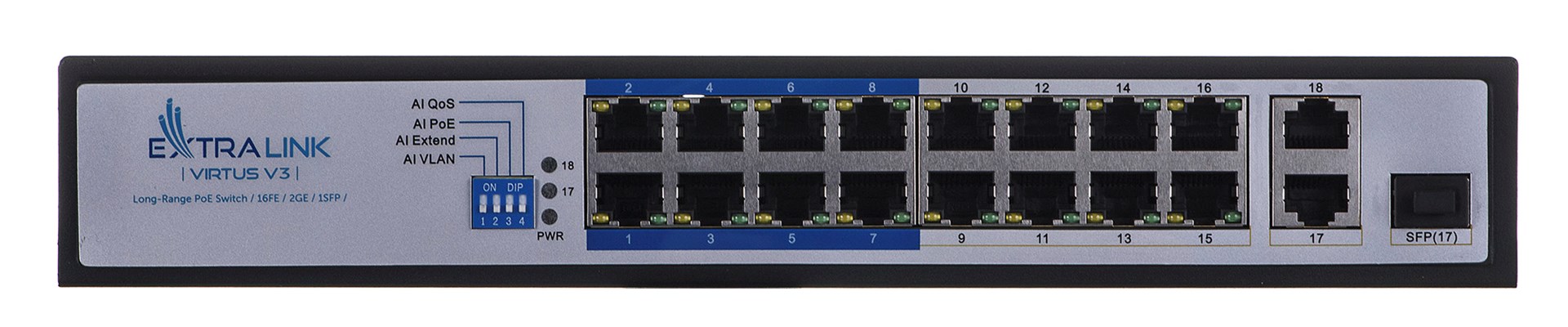 Mrežni switch EXTRALINK Virtus V3 (16x PoE 10/100, 2x Gigabit Uplink, 1x SFP, 150W, 1U)-10