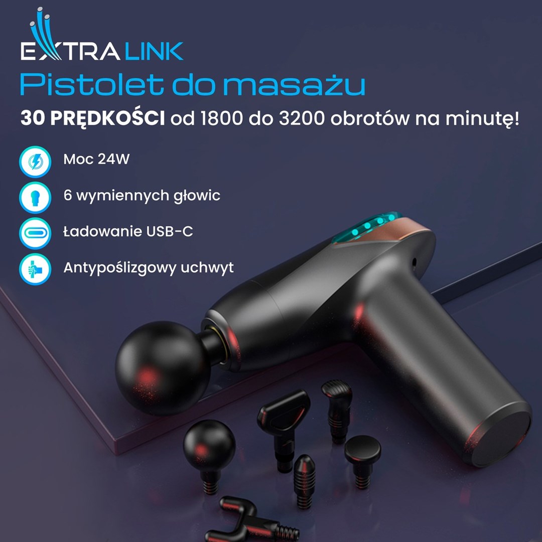 Masažer EXTRALINK Gun Lite, 3 200 okr./min, 6 zamjenjivih nastavaka-2