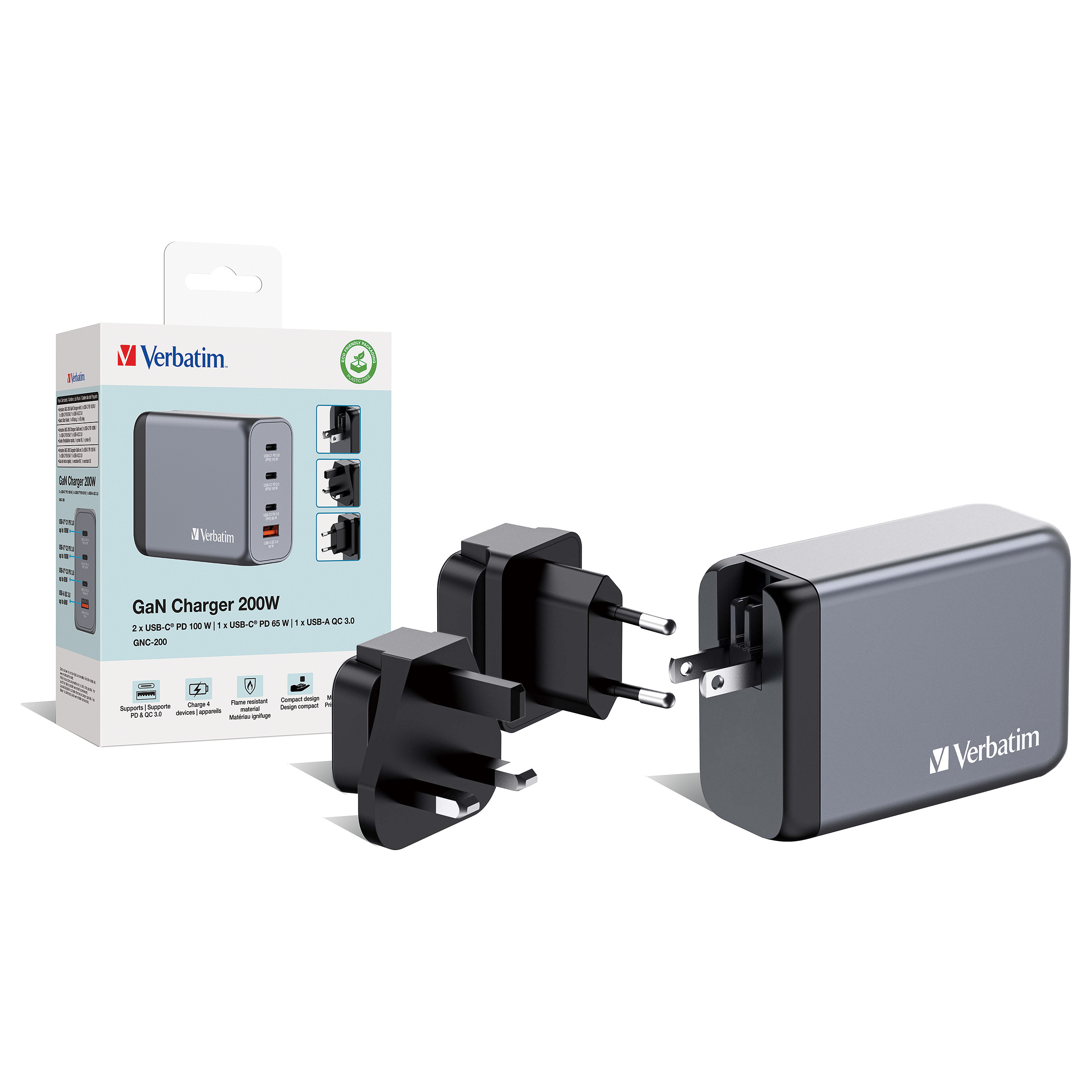 Verbatim GNC-200 GaN Charger 200W with 2 x USB-C PD 100W / 1 x USB-C PD 65W / 1 x USB QC 3.0 (EU/UK/US)-3