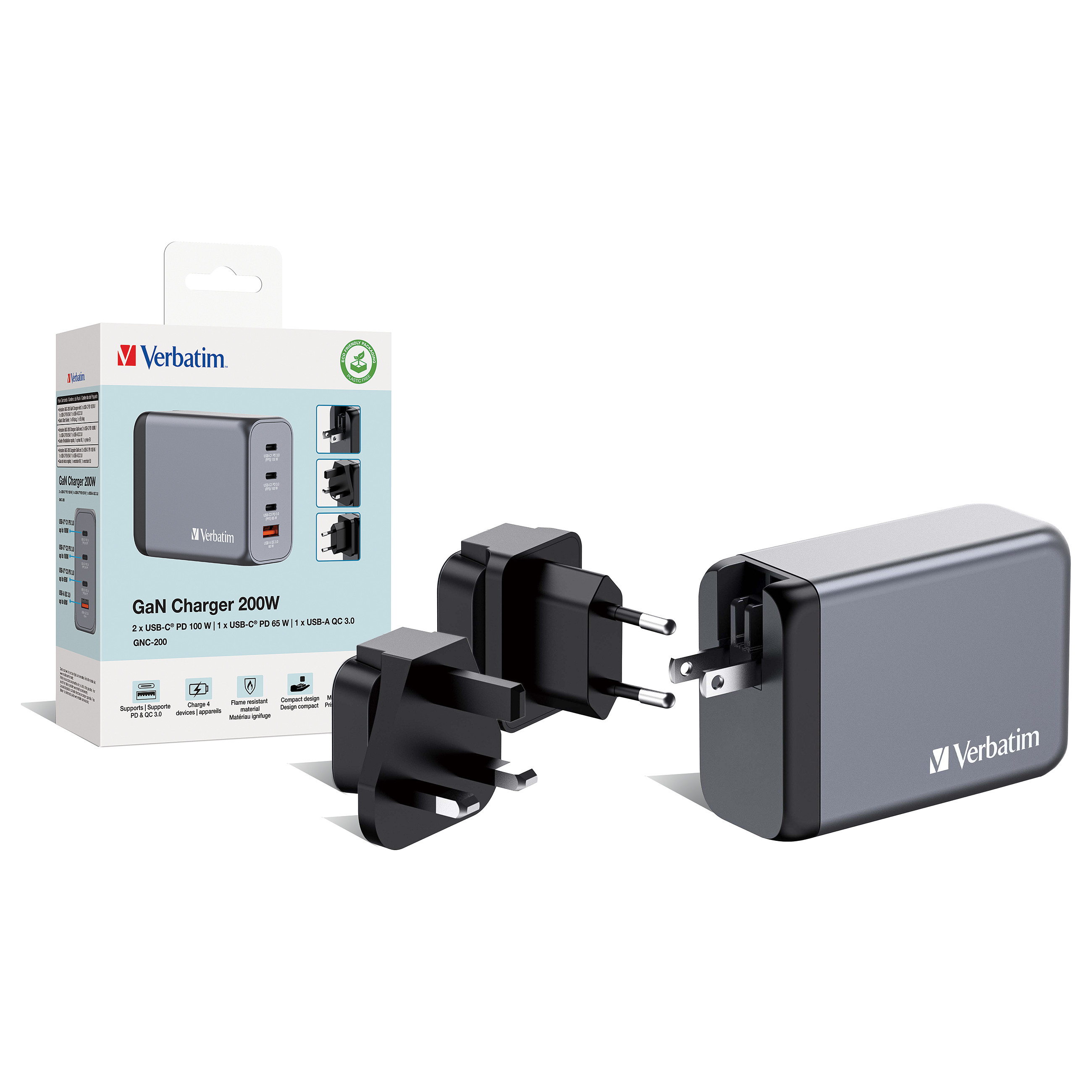 Verbatim GNC-200 GaN Charger 200W with 2 x USB-C PD 100W / 1 x USB-C PD 65W / 1 x USB QC 3.0 (EU/UK/US)-4
