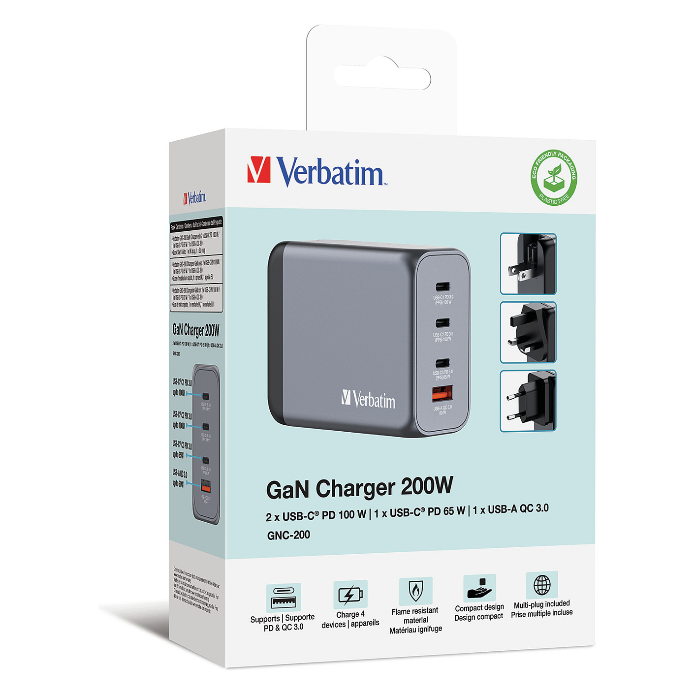 Verbatim GNC-200 GaN Charger 200W with 2 x USB-C PD 100W / 1 x USB-C PD 65W / 1 x USB QC 3.0 (EU/UK/US)-5