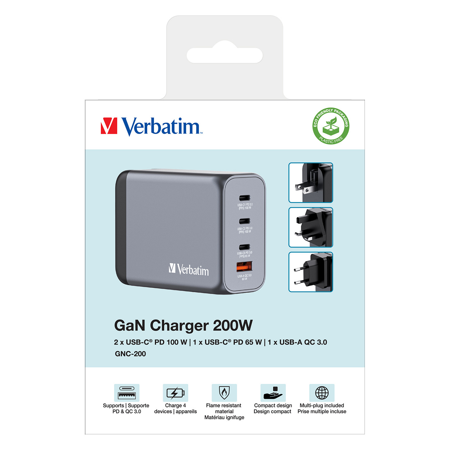 Verbatim GNC-200 GaN Charger 200W with 2 x USB-C PD 100W / 1 x USB-C PD 65W / 1 x USB QC 3.0 (EU/UK/US)-6