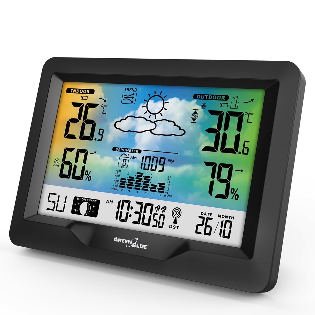 GreenBlue wireless weather station, color, with DCF system, moon phases, barometer, calendar, power adapter, GB540N-18