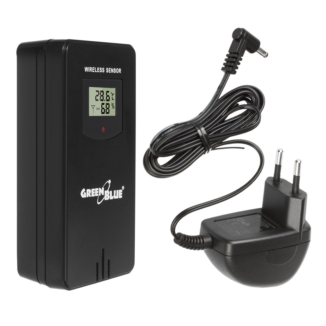 GreenBlue wireless weather station, color, with DCF system, moon phases, barometer, calendar, power adapter, GB540N-2
