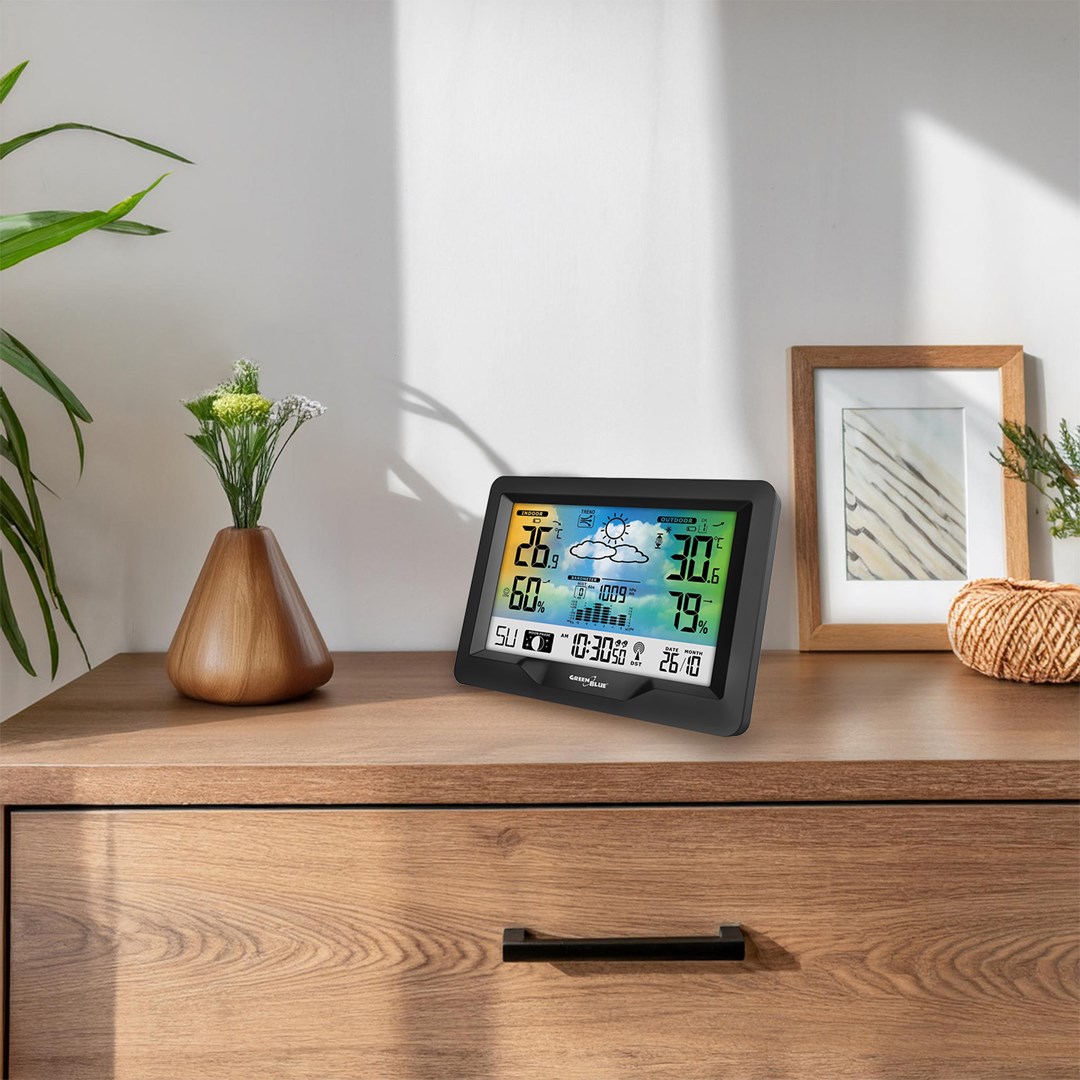 GreenBlue wireless weather station, color, with DCF system, moon phases, barometer, calendar, power adapter, GB540N-4