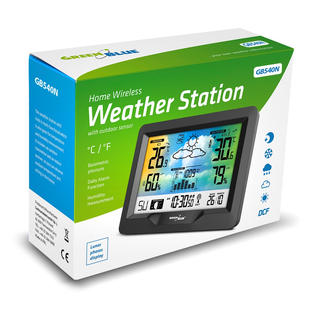 GreenBlue wireless weather station, color, with DCF system, moon phases, barometer, calendar, power adapter, GB540N-3