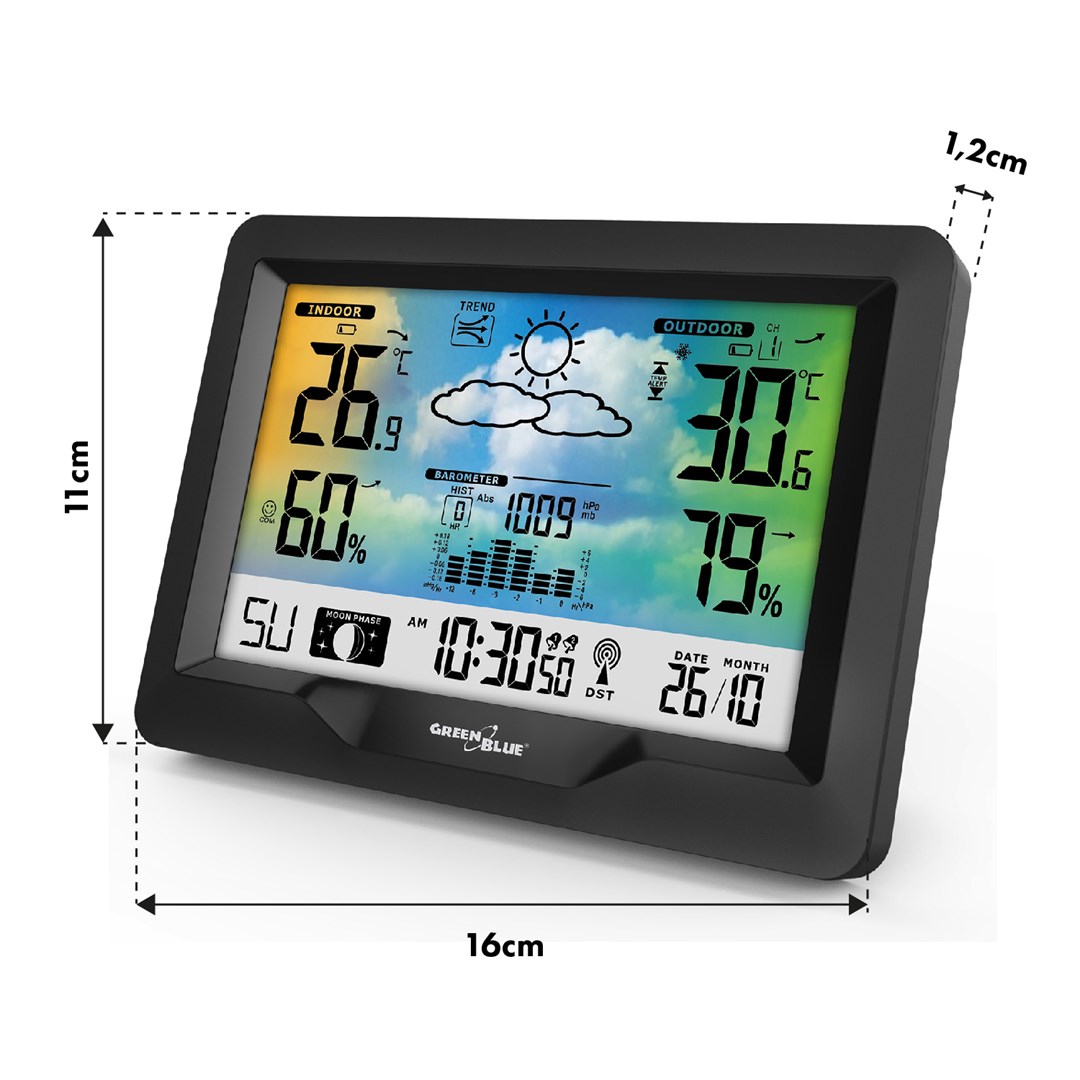 GreenBlue wireless weather station, color, with DCF system, moon phases, barometer, calendar, power adapter, GB540N-5