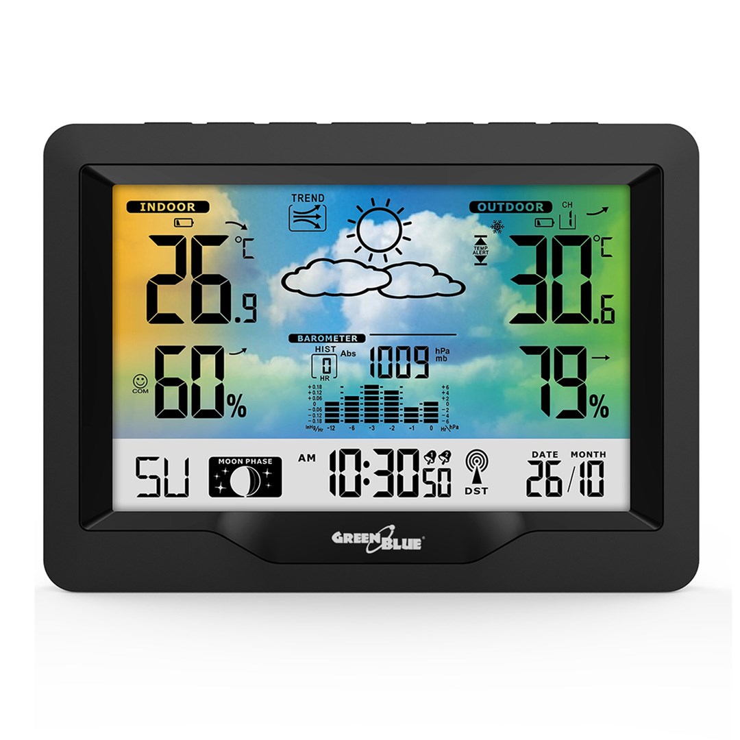 GreenBlue wireless weather station, color, with DCF system, moon phases, barometer, calendar, power adapter, GB540N-13