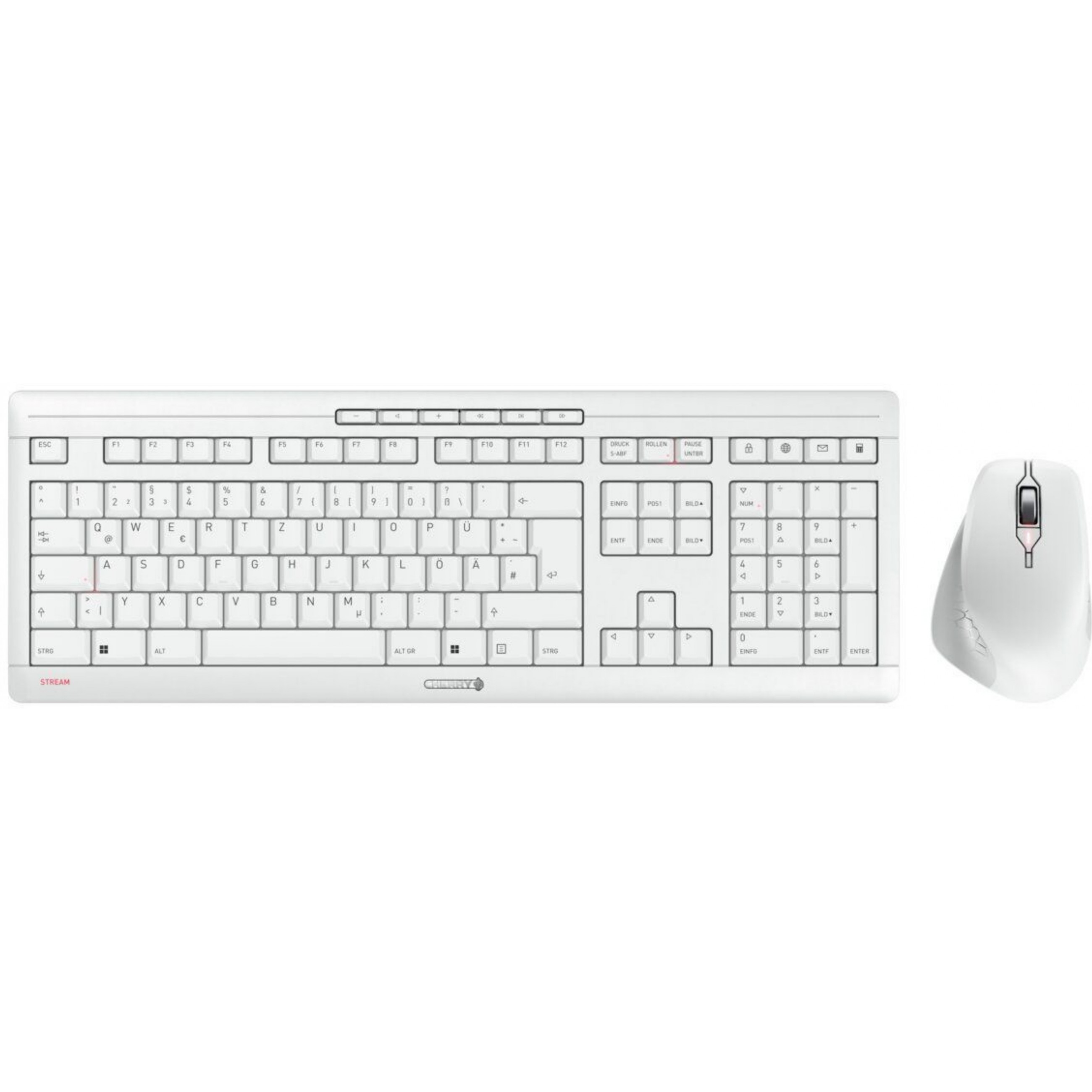 Bežični set tipkovnice i miša CHERRY Stream Comfort (Bijeli, QWERTZ, 2.4 GHz, 114 tipki, 4000 DPI) – internacionalna non HR tipkovnica