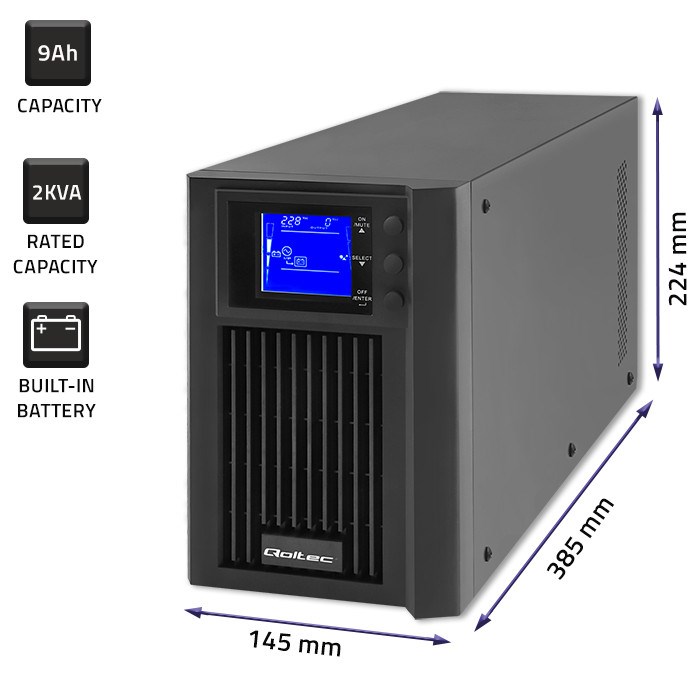 Neprekidno napajanje UPS QOLTEC On-line Pure Sine Wave (2kVA, 1.6kW, LCD, USB)-5