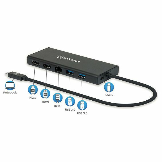 Adapter MANHATTAN USB-C 6-u-1 (2x HDMI, RJ45, 2x USB-A, USB-C PD)-1