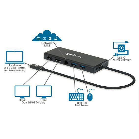 Adapter MANHATTAN USB-C 6-u-1 (2x HDMI, RJ45, 2x USB-A, USB-C PD)-2