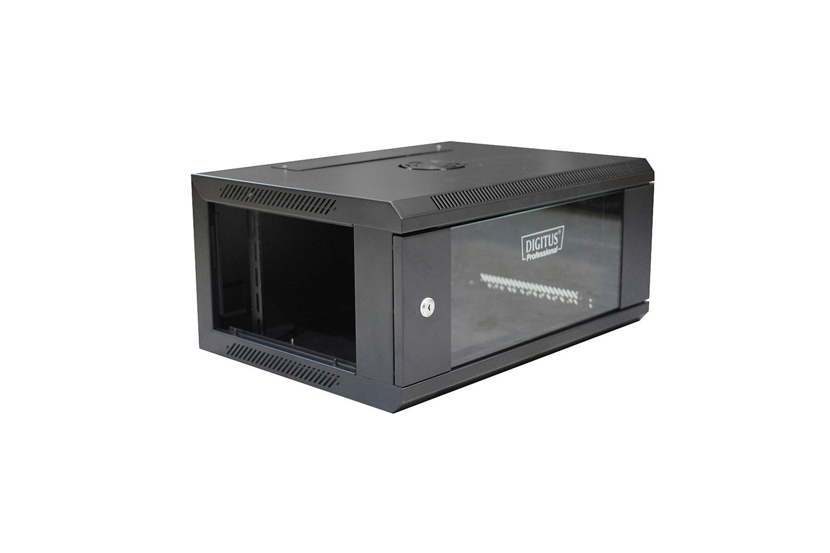 Wall-hung network cabinet 19" 4U rack 600x450, door glass, black, undivided, folded, 60kg-1