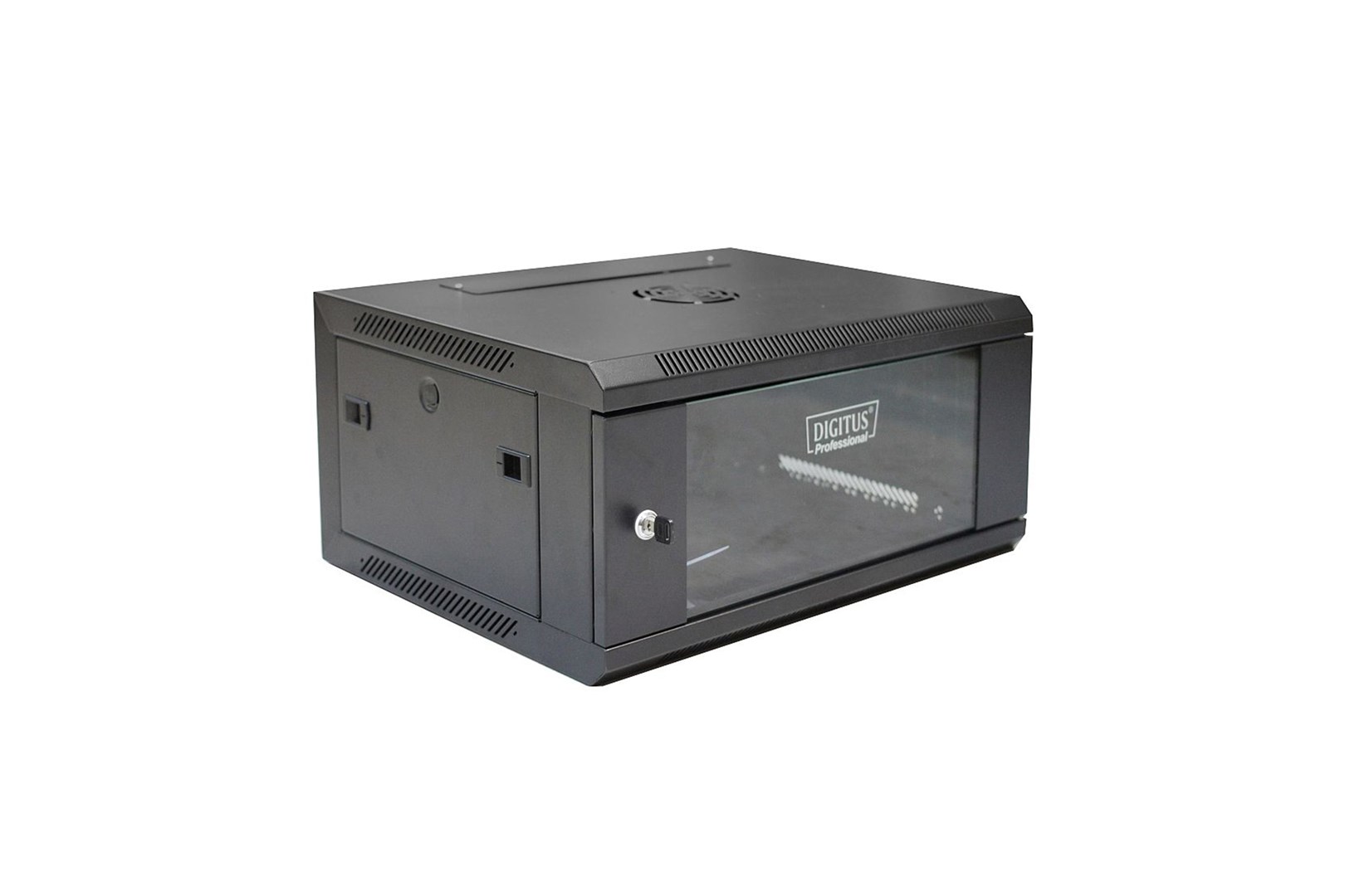 Wall-hung network cabinet 19" 4U rack 600x450, door glass, black, undivided, folded, 60kg