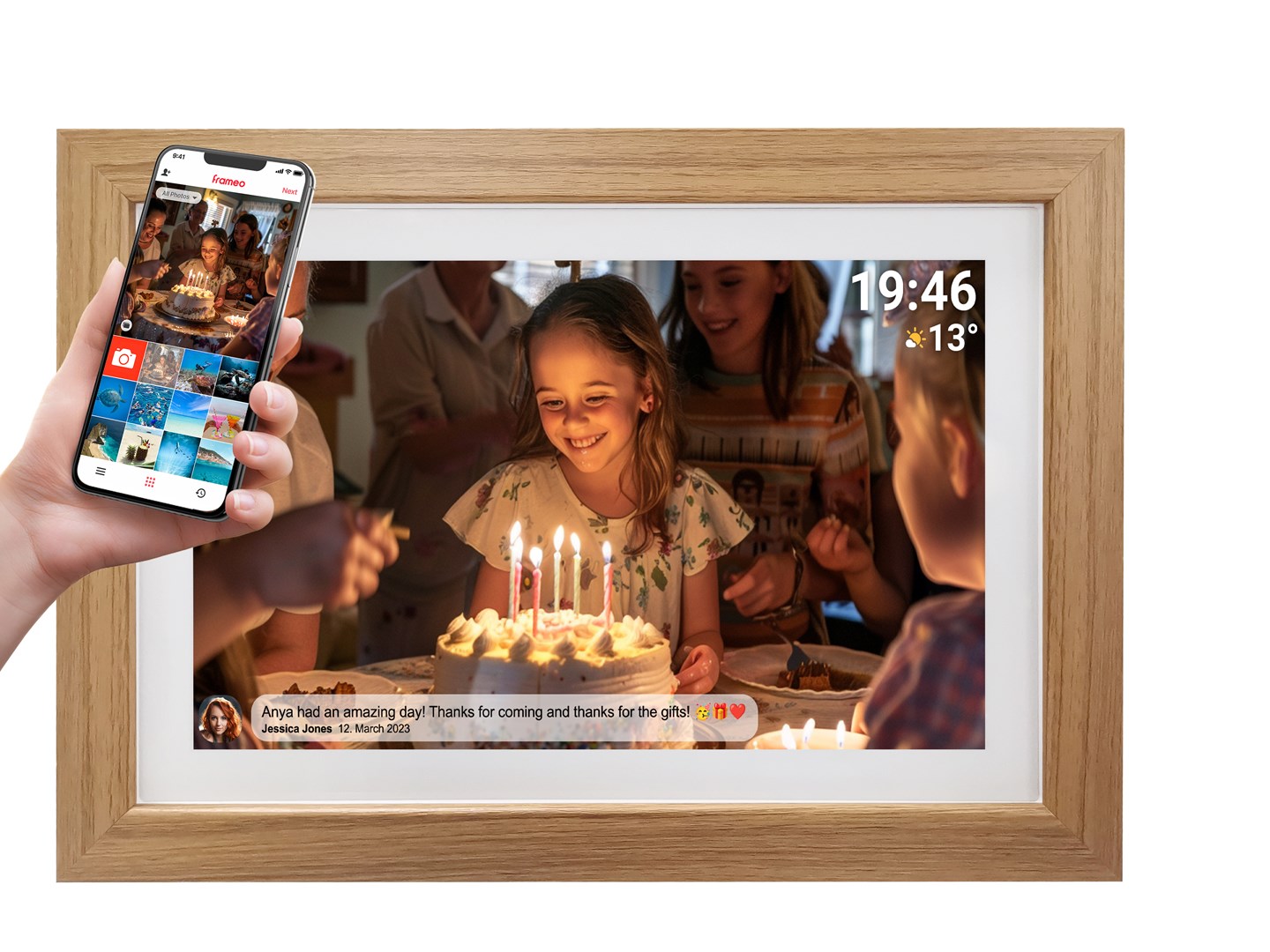 Digitalni okvir za slike DENVER Frameo PFF-1542LW 15.6" FHD (Wi-Fi, 16GB, IPS zaslon, svijetlo drvo)