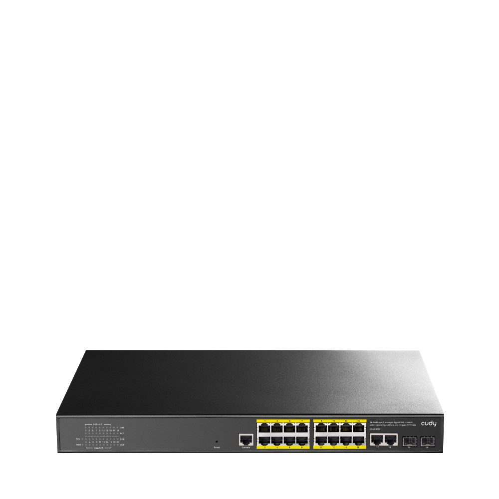 Mrežni switch CUDY GS2018PS2, 16-portni Gigabit L2 Managed, 200W PoE+, 2 SFP utora