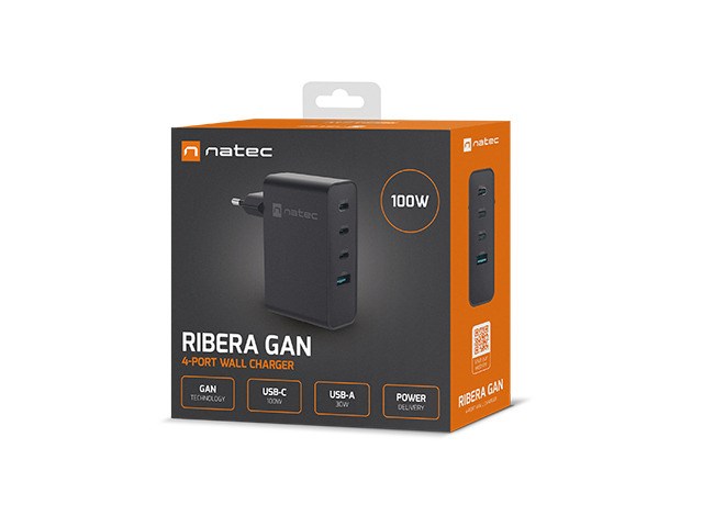 Zidni punjač NATEC RIBERA 100W GaN, 3x USB-C, 1x USB-A, PD, QC 4.0+, crni-6