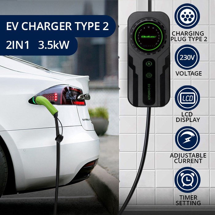 Punjač za električna vozila QOLTEC 52468 (Type 2, SCHUKO, 3,5 kW, 230 V, LCD, 5 m, crni)-1