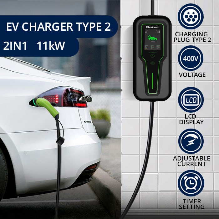 Punjač za električna vozila QOLTEC 52467 (Type 2, 11 kW, 400 V, CEE 5-pin, 3 faze, LCD, 5 m, crni)-11