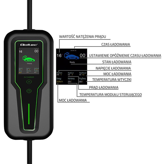 Punjač za električna vozila QOLTEC 52467 (Type 2, 11 kW, 400 V, CEE 5-pin, 3 faze, LCD, 5 m, crni)-5