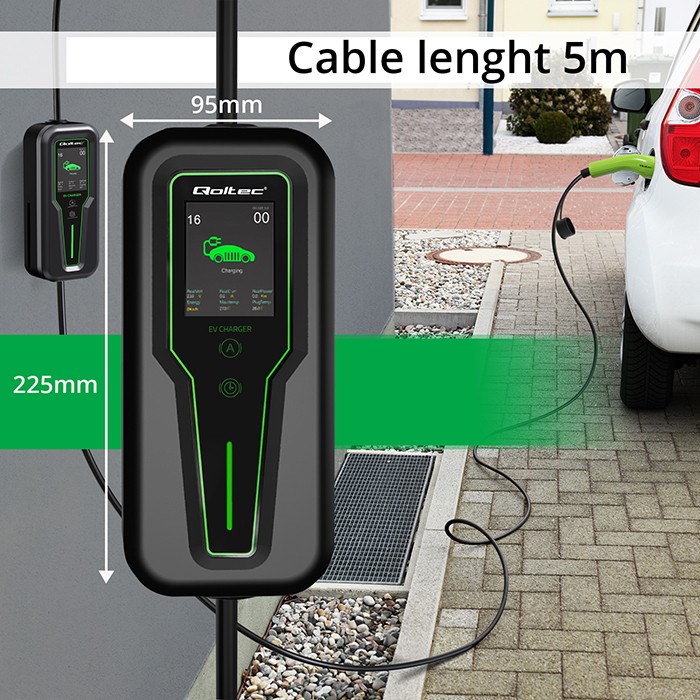Punjač za električna vozila QOLTEC 52467 (Type 2, 11 kW, 400 V, CEE 5-pin, 3 faze, LCD, 5 m, crni)-6