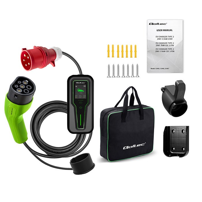 Punjač za električna vozila QOLTEC 52467 (Type 2, 11 kW, 400 V, CEE 5-pin, 3 faze, LCD, 5 m, crni)-10