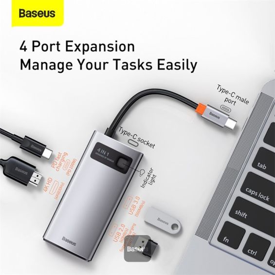 USB Hub BASEUS Metal Gleam Series, 4u1, USB-C sivi-3