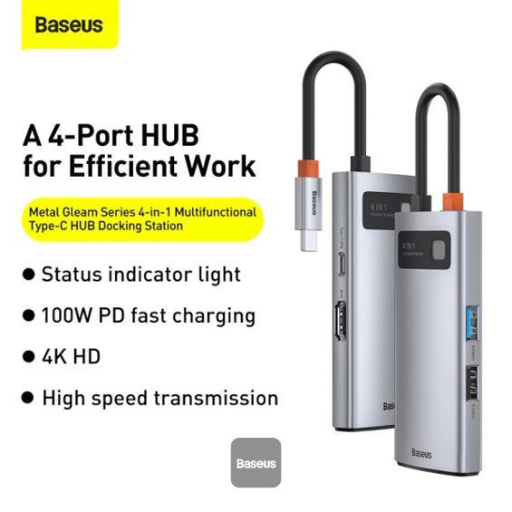 USB Hub BASEUS Metal Gleam Series, 4u1, USB-C sivi-2