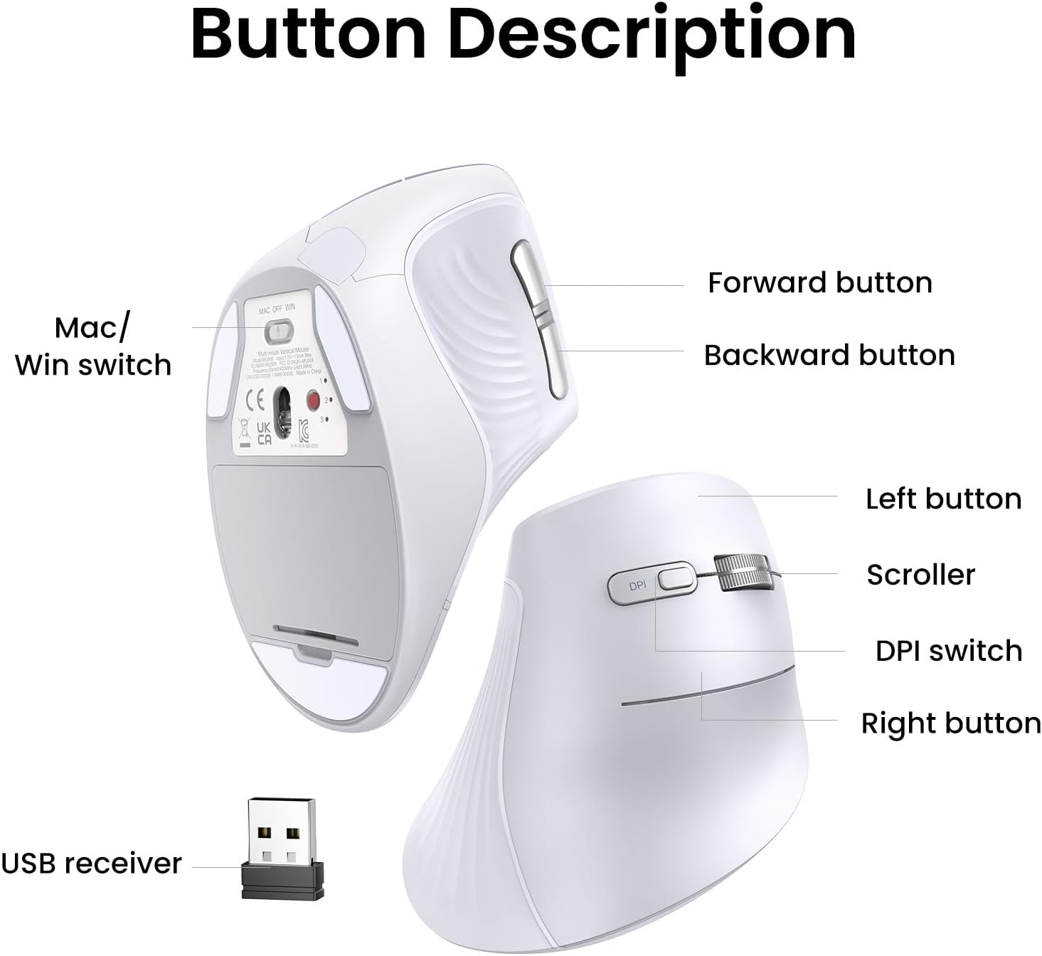 Ugreen wireless ergonomic vertical mouse with Bluetooth and Wi-Fi connection - white-1
