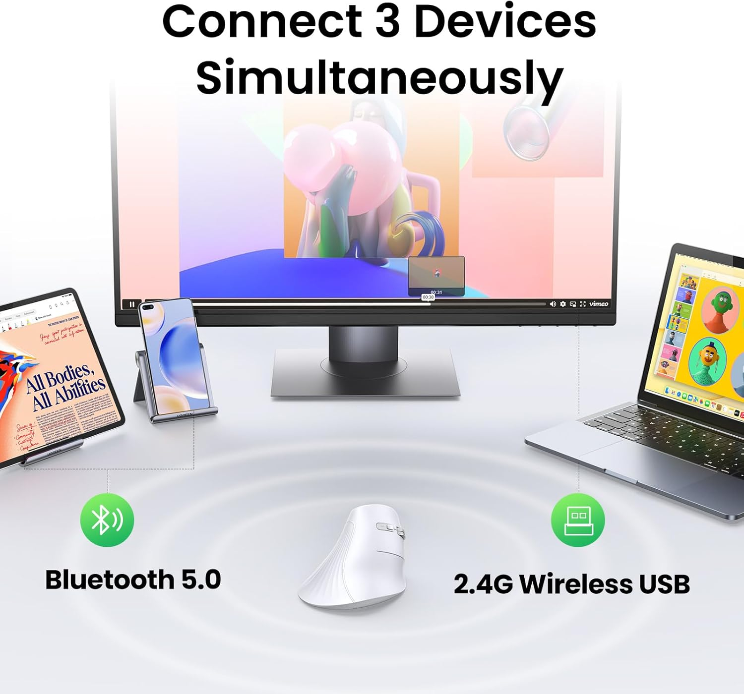 Ugreen wireless ergonomic vertical mouse with Bluetooth and Wi-Fi connection - white-10