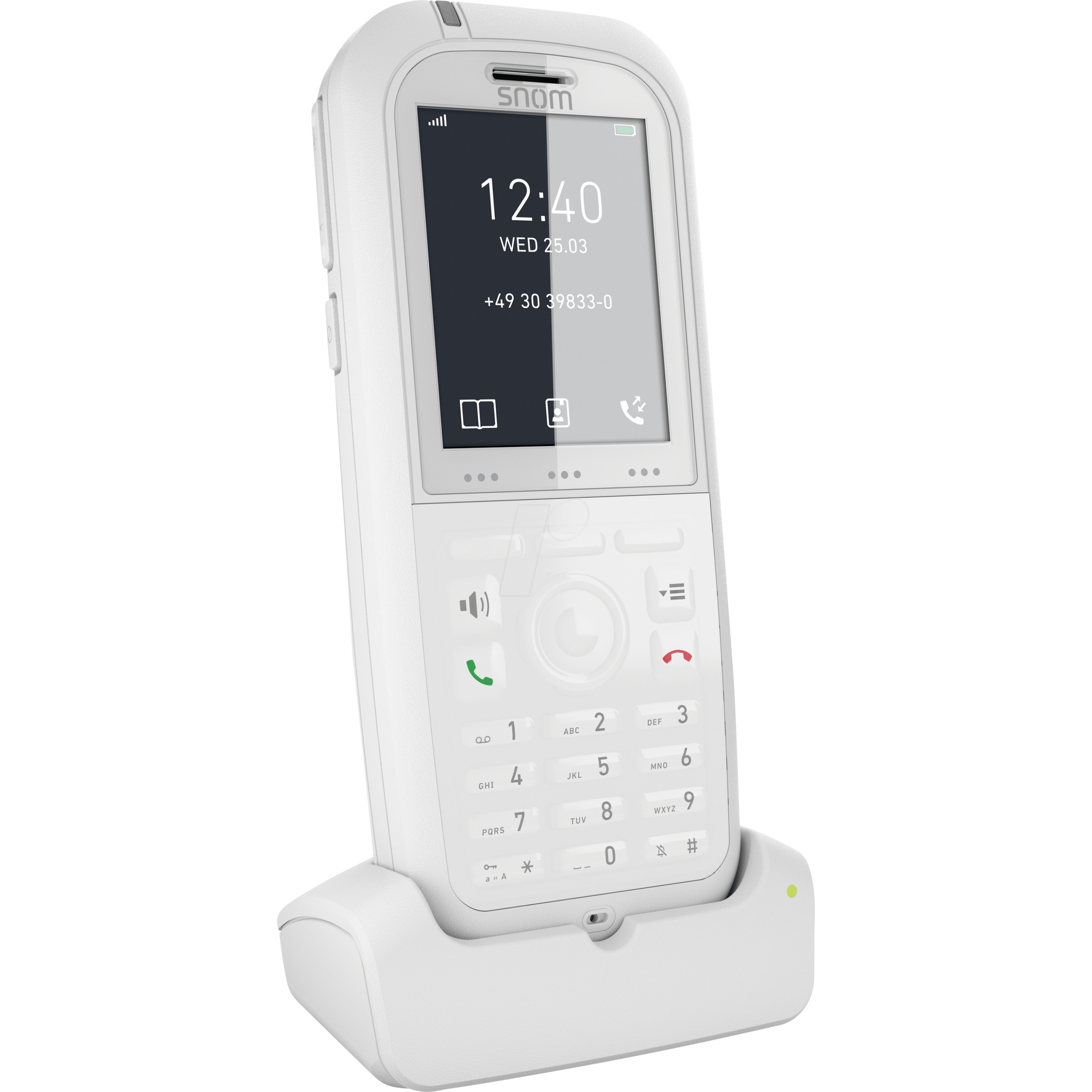 DECT TELEPHONE Snom M90 (operativna temperatura -10 - 55 °C, baterija Li-Ion, vrijeme razgovora 17 h, vrijeme čekanja 200 h, širina 48 mm, dubina 22 mm, težina 136 g, visina 122 mm, rezolucija 240 x 320 piksela, dijagonala 5.08 cm, boja bijela)-1