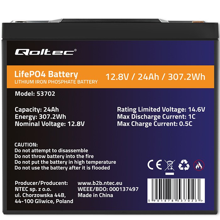 LiFePO4 baterija QOLTEC 12.8V 24Ah (307.2Wh) s BMS-om-2