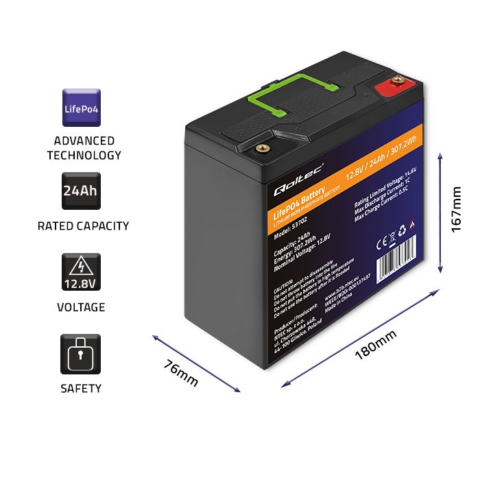 LiFePO4 baterija QOLTEC 12.8V 24Ah (307.2Wh) s BMS-om-0
