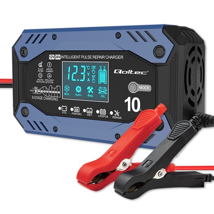 Qoltec 52482 Intelligent charger for STD AGM GEL LiFePO4 | Battery charger with repair function |12-24V |10A | LCD | 9 - stage charging-14