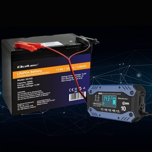Qoltec 52482 Intelligent charger for STD AGM GEL LiFePO4 | Battery charger with repair function |12-24V |10A | LCD | 9 - stage charging-5